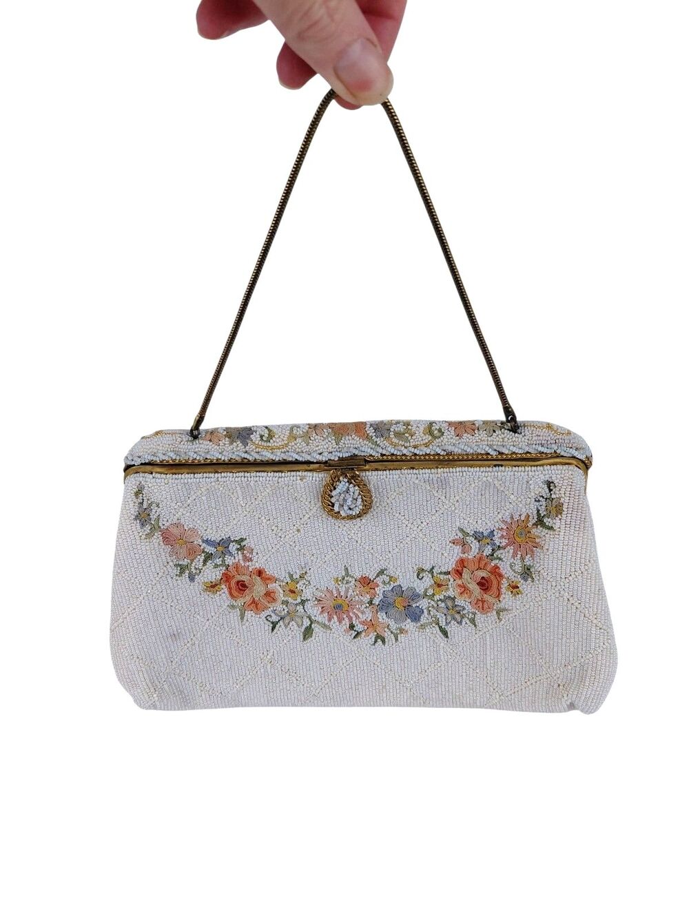 Vtg BIRKS Microbead Floral Embroidery Designer Purse 1940s White Satin lining